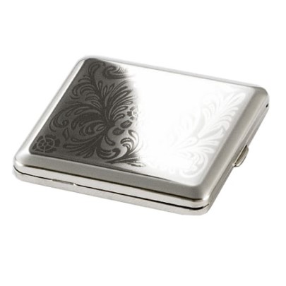 Zigaretten-Etui Nickel mit Floral-Dekor und Gravurfeld, 18er