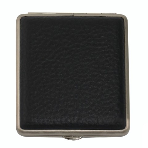 20744 Zigaretten-Etui Metall mit Kunstleder-Cover in schwarz grob genarbt, 18er