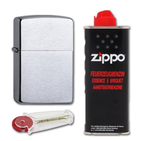 Zippo Set Chrom gebürstet + Benzin und Feuerzeugsteine