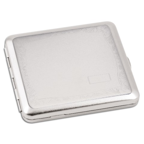 21014 Zigaretten-Etui Nickel-Satiniert mit Rand-Dekor und Gravurfeld, 18er