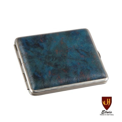 Zigaretten-Etui Metall mit Kunstleder-Cover in blau marmoriert, 18er