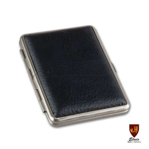 Zigaretten-Etui Metall mit Kunstleder-Cover in schwarz, 14er