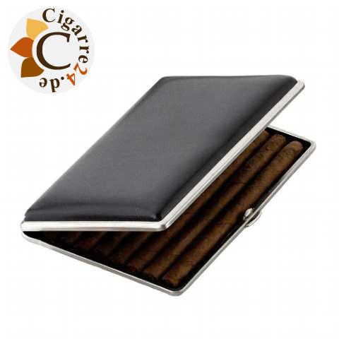 Zigarren-Etui Metall mit Kunstleder-Cover in schwarz - 130mm lang, 5er